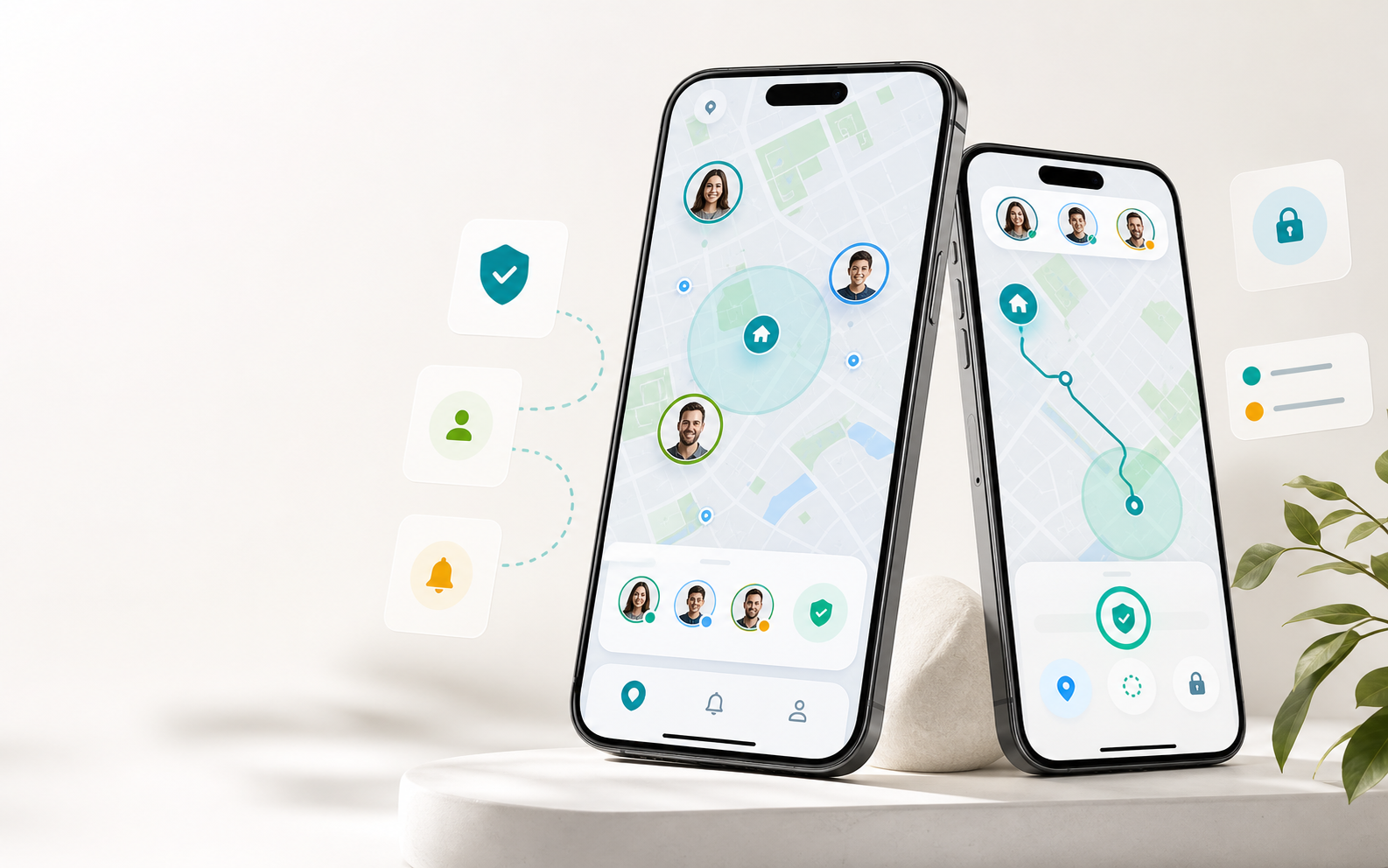 Aperçu de l'application CIRQL avec carte familiale, zones de confiance et indicateurs de sécurité.